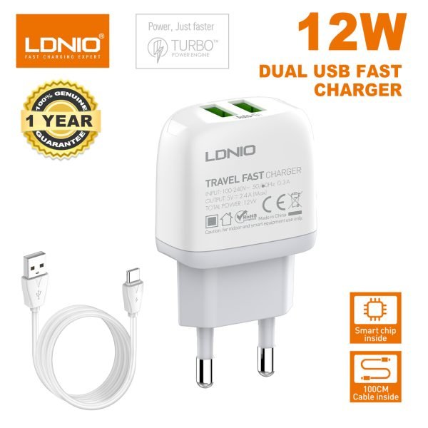LDNIO A2219 USB 2 Port Auto ID 2.4A Two USB EU Plug Fast Wall Charger with 1 Pcs Type-C Charging & Data Cable For Mobile Phone / Tablet