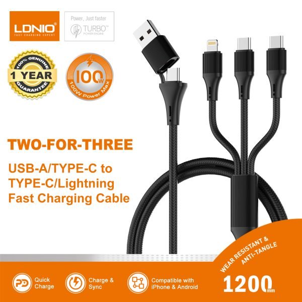 LDNIO LC97UC 100W USB-A/Type-C To Type-Cx2/Lightning Cable