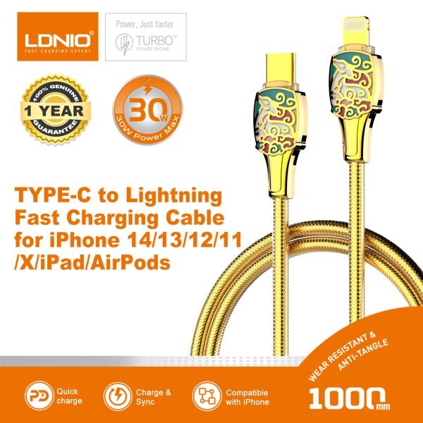 Ldnio LC881I Golden Pd30W Type-C Cable Support Pd30W Fast Charging Data Cable