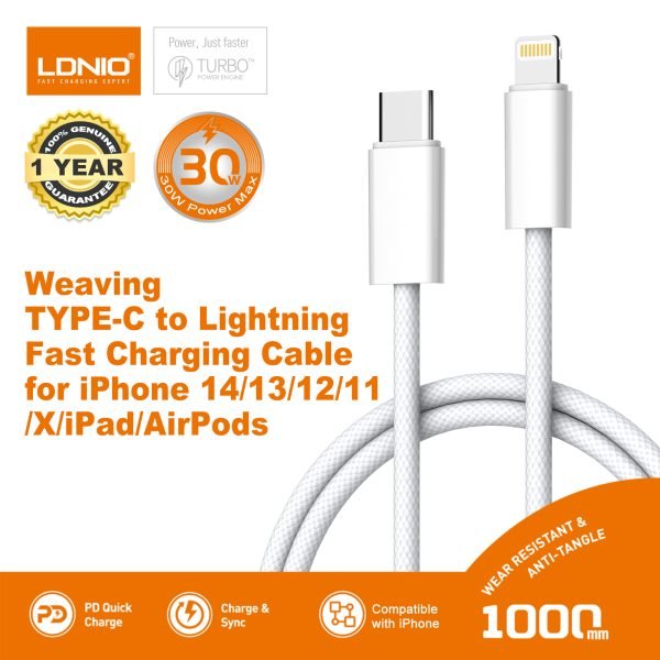 LDNIO Cable Data LC901i Kabel USB C to Lightning 30W for iPhone PD Fast-1m