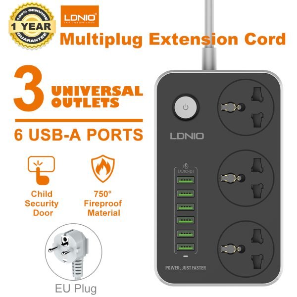 LDINIO SC3604 Power Strip with 3 AC Sockets and 6 USB Ports – Black