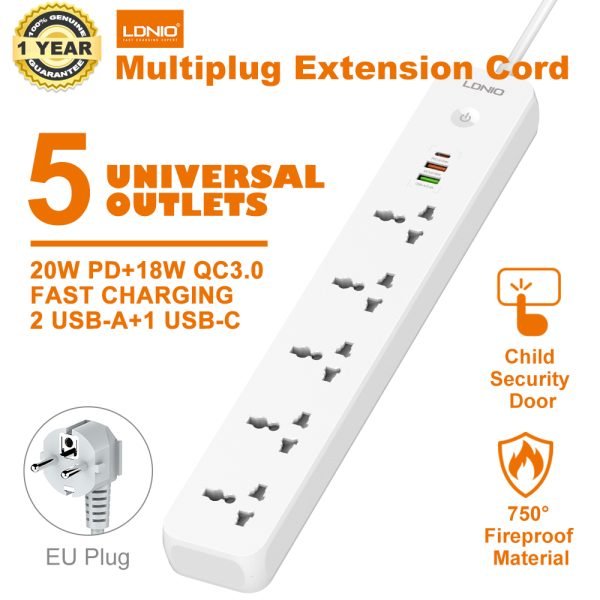 LDNIO SC5319 Multi Socket Extension Lead with 5 AC 3 USB Power Socket Plug Extender 2M