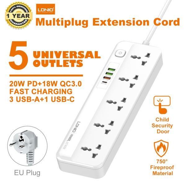 LDNIO SC5415 Power Strips 5 Way Outlet with USB Ports Universal Extension Power Socket