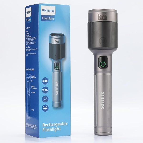 PHILIPS Aircraft Aluminium Alloy 33.2cms Zoom LED Rechargeable Flashlight / Torch – 2500Lumens, 860m Range, 9000mAh SFL5102