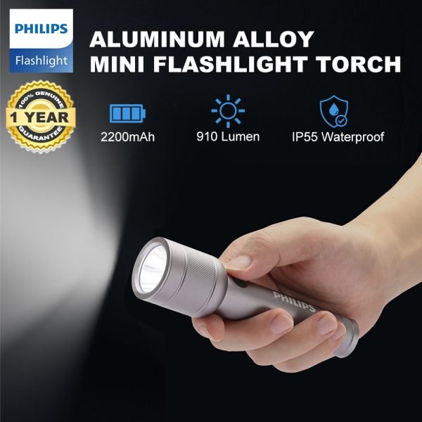 PHILIPS Aluminium Alloy Long Range LED Rechargeable Flashlight – 910Lumens, 300m Beam Range SFL2186R