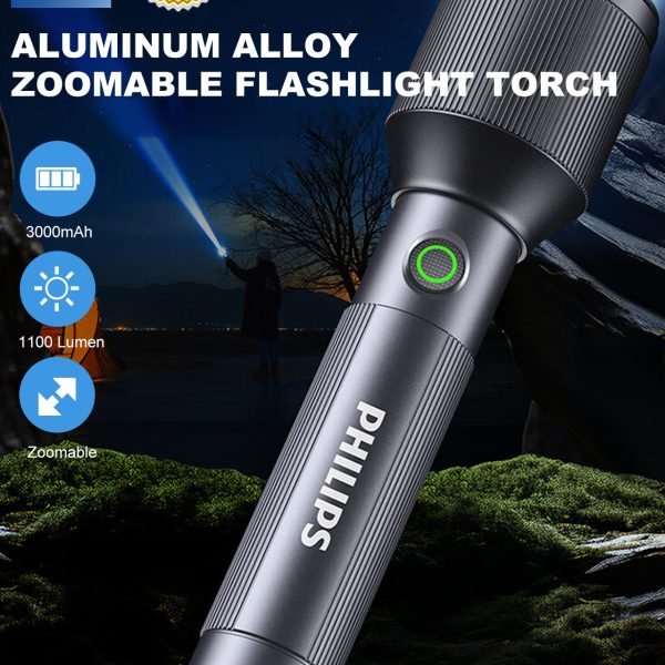 Philips Aircraft Aluminium Alloy 25cms Zoom LED Rechargeable Flashlight / Torch – 1100Lumens, 950m Range, 3000mAh SFL2143