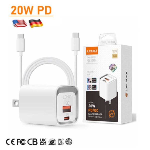 LDNIO Turbo-Charge 20W Dual Port Charging Adapter (EU / US Plug)