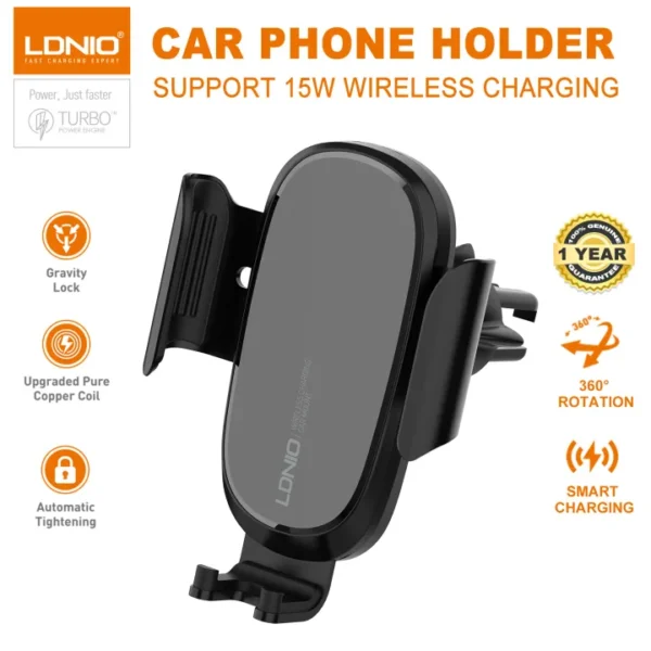 LDNIO 360° Rotating Car Phone Holder with Wireless Charging