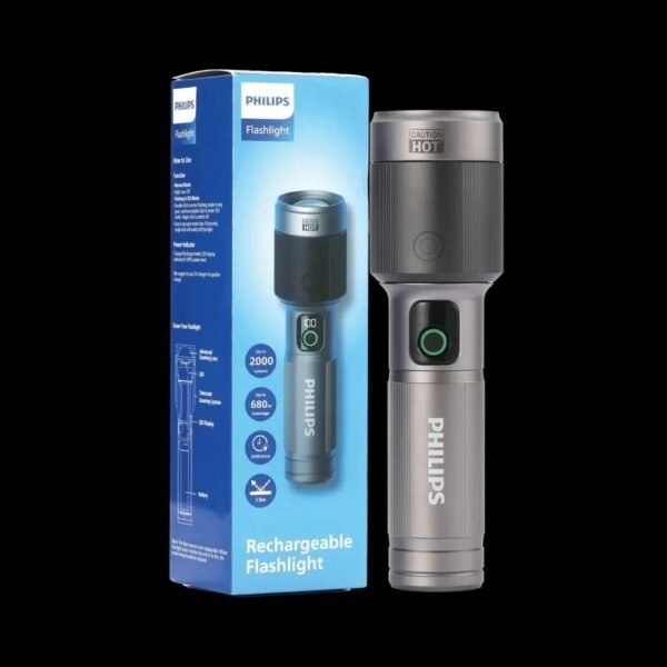 PHILIPS Aircraft Aluminium Alloy 24.5cms Zoom LED Rechargeable Flashlight / Torch – 2000Lumens, 680m Range, 4500mAh SFL5101